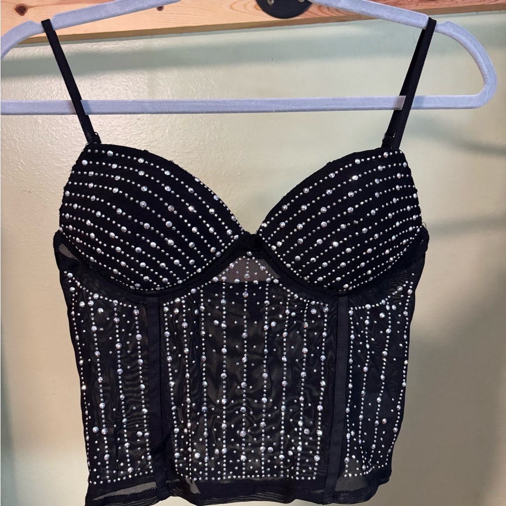 Black Beaded Women's Mesh Crop Top